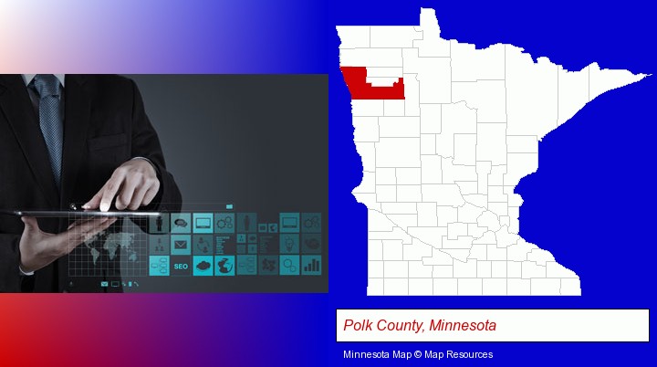 information technology concepts; Polk County, Minnesota highlighted in red on a map