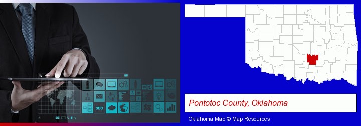 information technology concepts; Pontotoc County, Oklahoma highlighted in red on a map