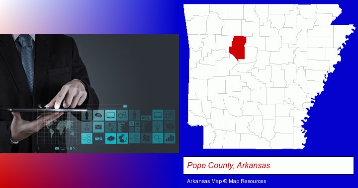 information technology concepts; Pope County, Arkansas highlighted in red on a map