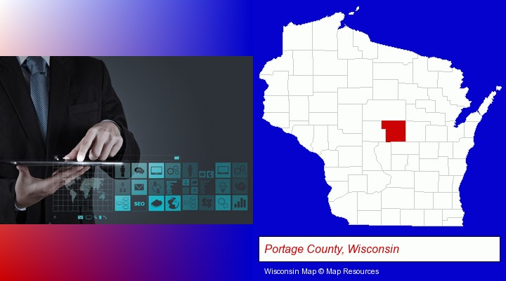 information technology concepts; Portage County, Wisconsin highlighted in red on a map