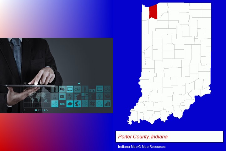 information technology concepts; Porter County, Indiana highlighted in red on a map