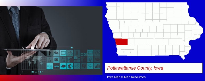 information technology concepts; Pottawattamie County, Iowa highlighted in red on a map