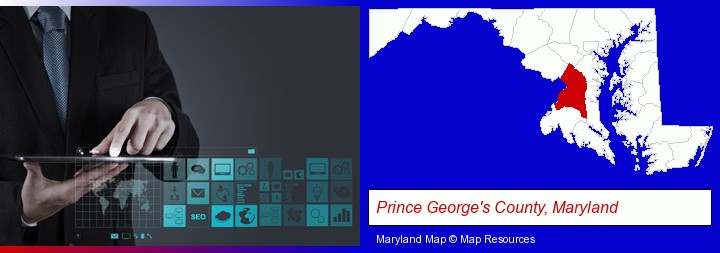 information technology concepts; Prince George's County, Maryland highlighted in red on a map