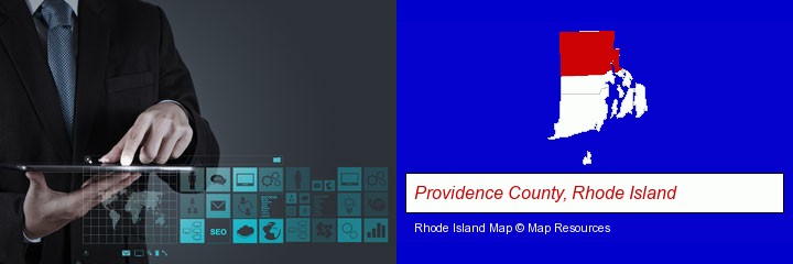 information technology concepts; Providence County, Rhode Island highlighted in red on a map