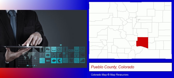information technology concepts; Pueblo County, Colorado highlighted in red on a map