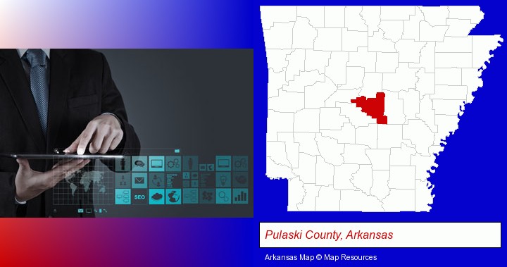information technology concepts; Pulaski County, Arkansas highlighted in red on a map