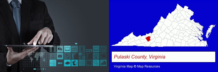 information technology concepts; Pulaski County, Virginia highlighted in red on a map