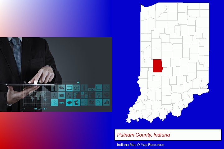 information technology concepts; Putnam County, Indiana highlighted in red on a map