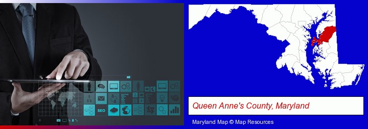 information technology concepts; Queen Anne's County, Maryland highlighted in red on a map