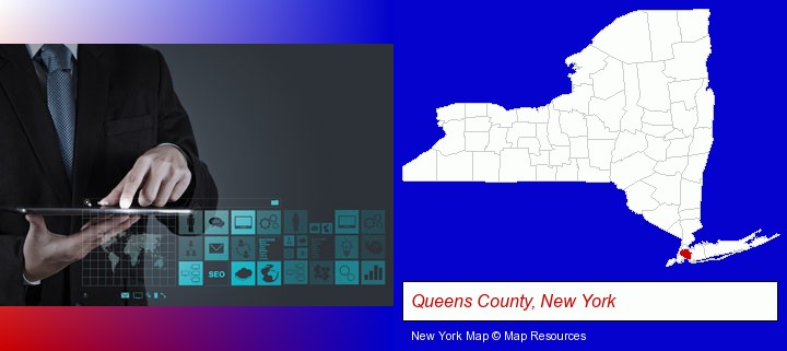 information technology concepts; Queens County, New York highlighted in red on a map