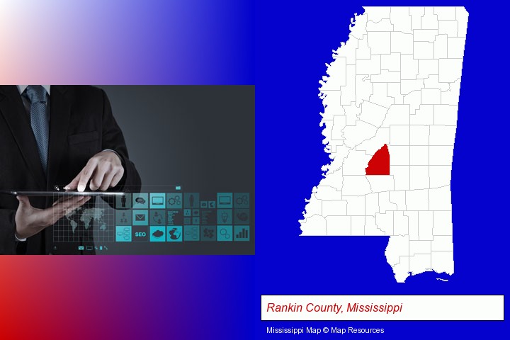 information technology concepts; Rankin County, Mississippi highlighted in red on a map