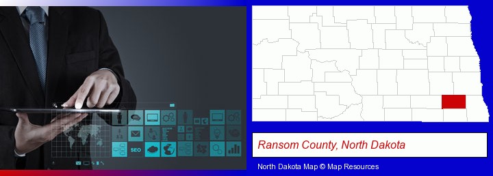 information technology concepts; Ransom County, North Dakota highlighted in red on a map