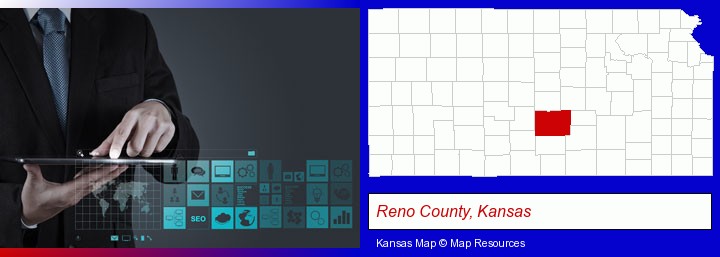 information technology concepts; Reno County, Kansas highlighted in red on a map