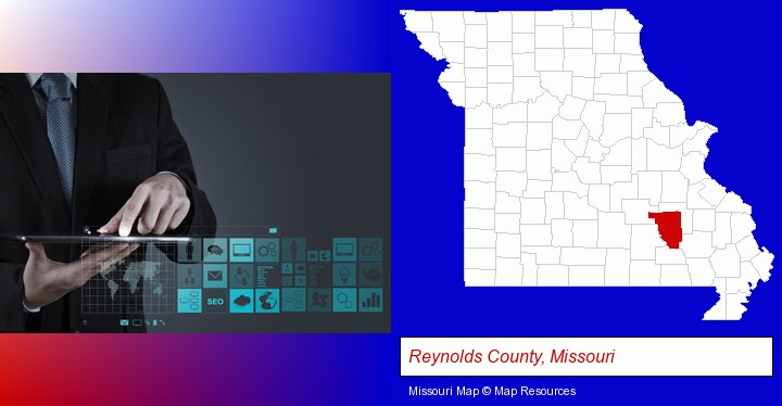 information technology concepts; Reynolds County, Missouri highlighted in red on a map