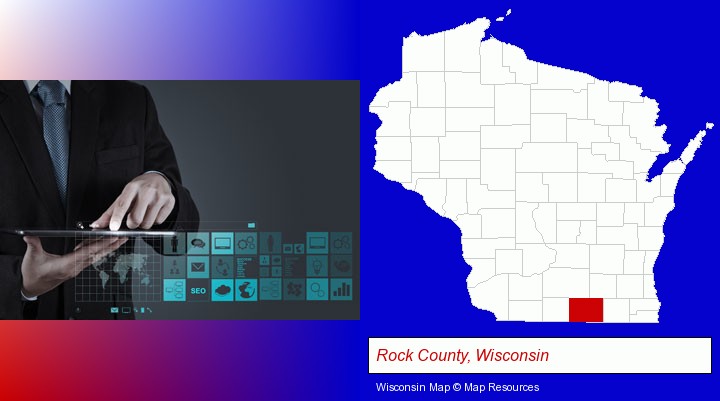 information technology concepts; Rock County, Wisconsin highlighted in red on a map