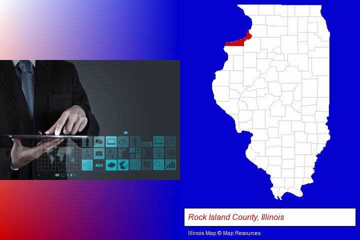 information technology concepts; Rock Island County, Illinois highlighted in red on a map