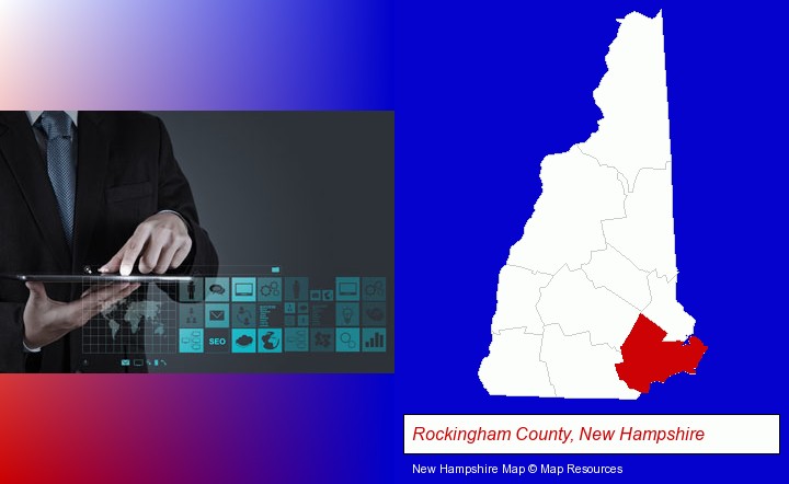 information technology concepts; Rockingham County, New Hampshire highlighted in red on a map