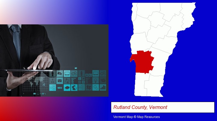 information technology concepts; Rutland County, Vermont highlighted in red on a map