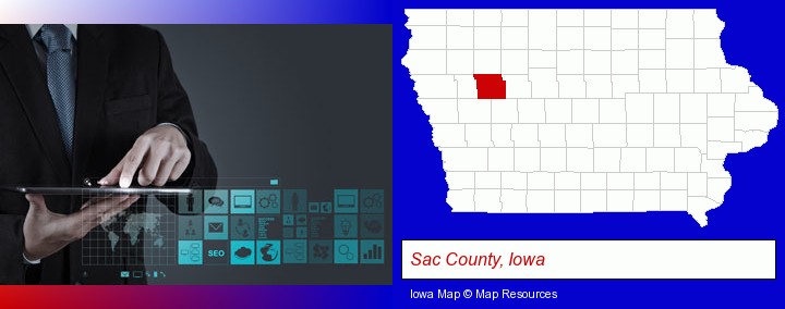 information technology concepts; Sac County, Iowa highlighted in red on a map