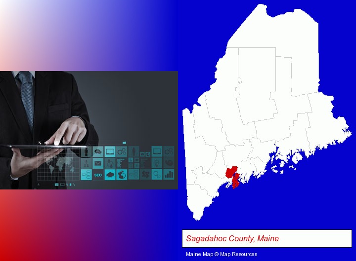 information technology concepts; Sagadahoc County, Maine highlighted in red on a map