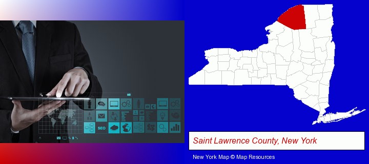 information technology concepts; Saint Lawrence County, New York highlighted in red on a map