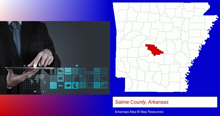 information technology concepts; Saline County, Arkansas highlighted in red on a map