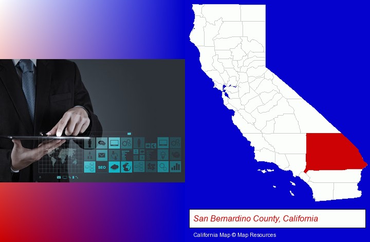 information technology concepts; San Bernardino County, California highlighted in red on a map