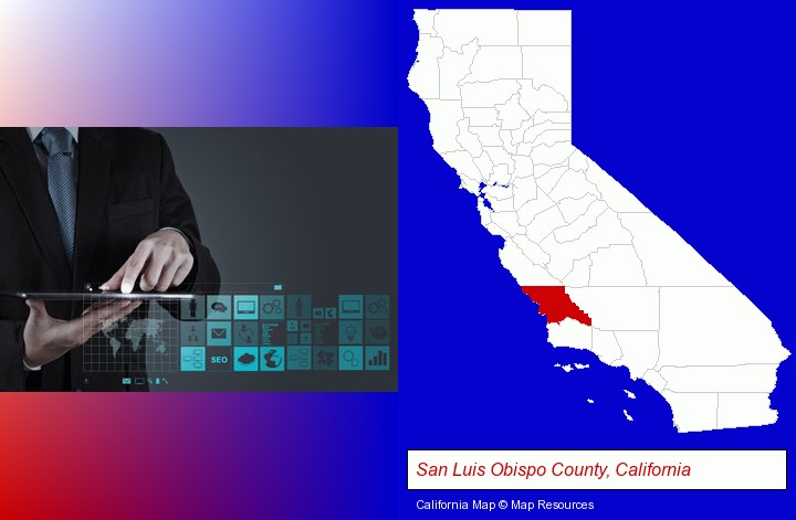 information technology concepts; San Luis Obispo County, California highlighted in red on a map