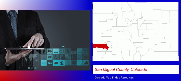information technology concepts; San Miguel County, Colorado highlighted in red on a map