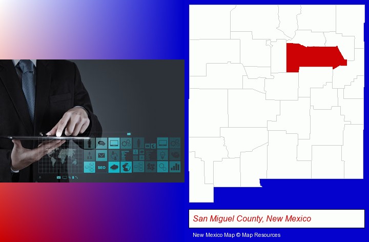 information technology concepts; San Miguel County, New Mexico highlighted in red on a map