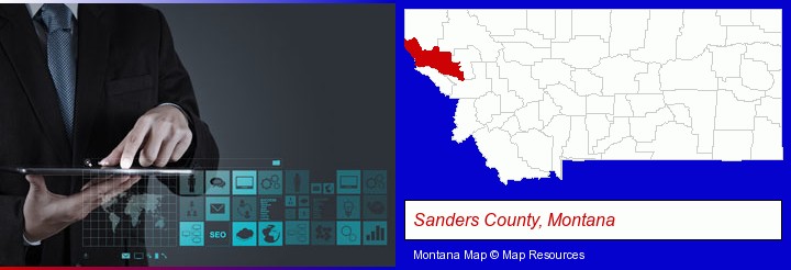 information technology concepts; Sanders County, Montana highlighted in red on a map