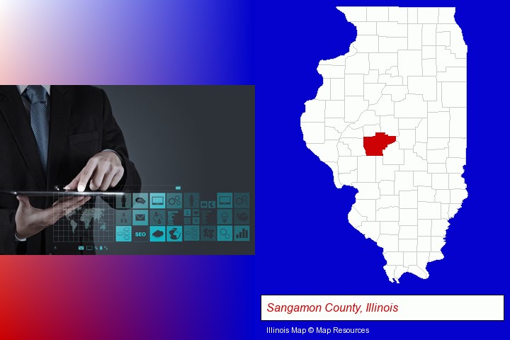 information technology concepts; Sangamon County, Illinois highlighted in red on a map