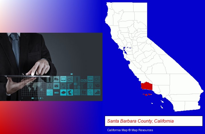 information technology concepts; Santa Barbara County, California highlighted in red on a map