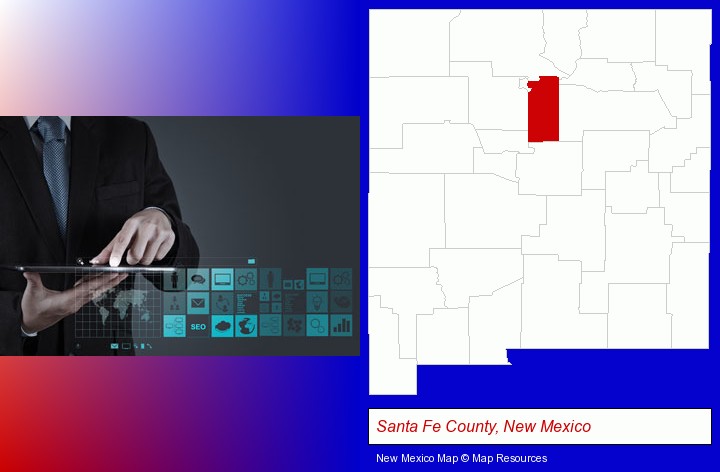 information technology concepts; Santa Fe County, New Mexico highlighted in red on a map