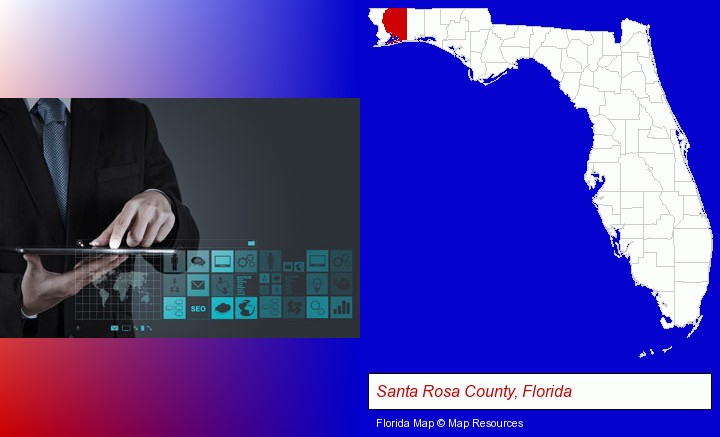 information technology concepts; Santa Rosa County, Florida highlighted in red on a map