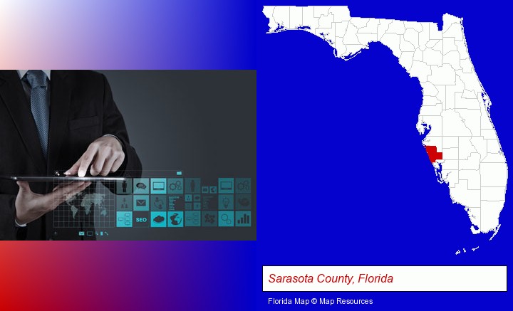 information technology concepts; Sarasota County, Florida highlighted in red on a map