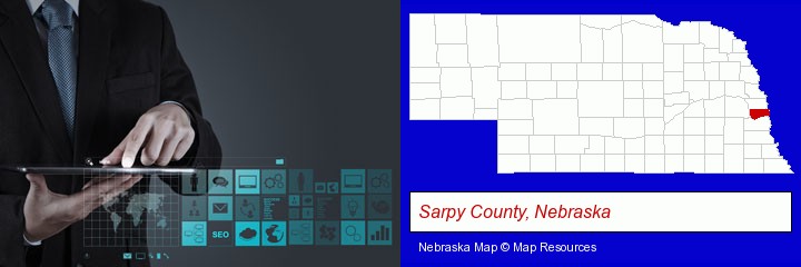 information technology concepts; Sarpy County, Nebraska highlighted in red on a map