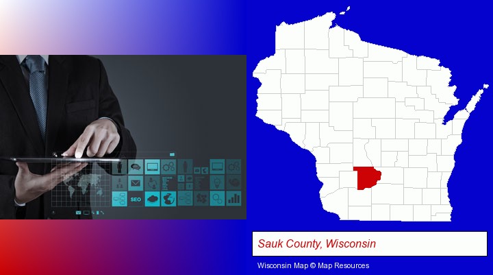 information technology concepts; Sauk County, Wisconsin highlighted in red on a map