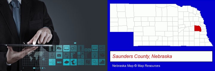 information technology concepts; Saunders County, Nebraska highlighted in red on a map