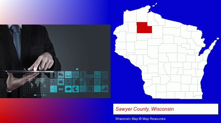 information technology concepts; Sawyer County, Wisconsin highlighted in red on a map