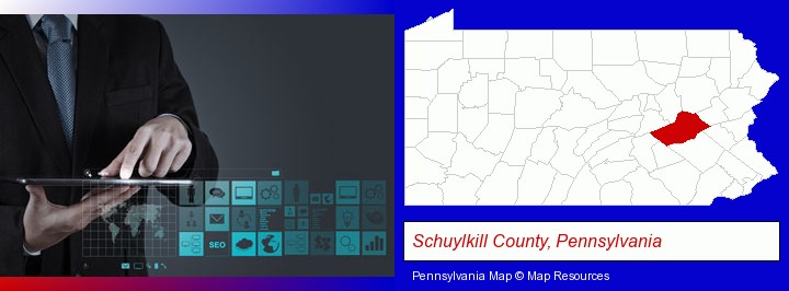 information technology concepts; Schuylkill County, Pennsylvania highlighted in red on a map