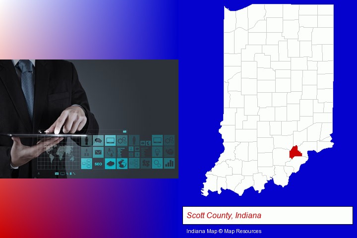 information technology concepts; Scott County, Indiana highlighted in red on a map