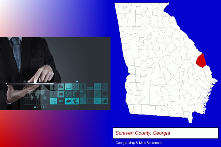 information technology concepts; Screven County, Georgia highlighted in red on a map