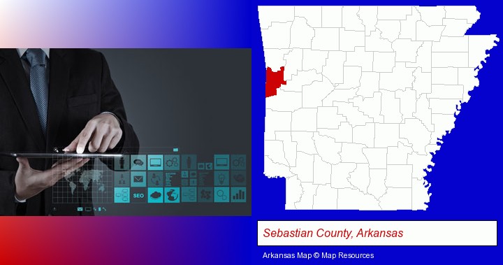 information technology concepts; Sebastian County, Arkansas highlighted in red on a map