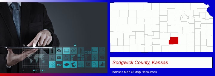 information technology concepts; Sedgwick County, Kansas highlighted in red on a map