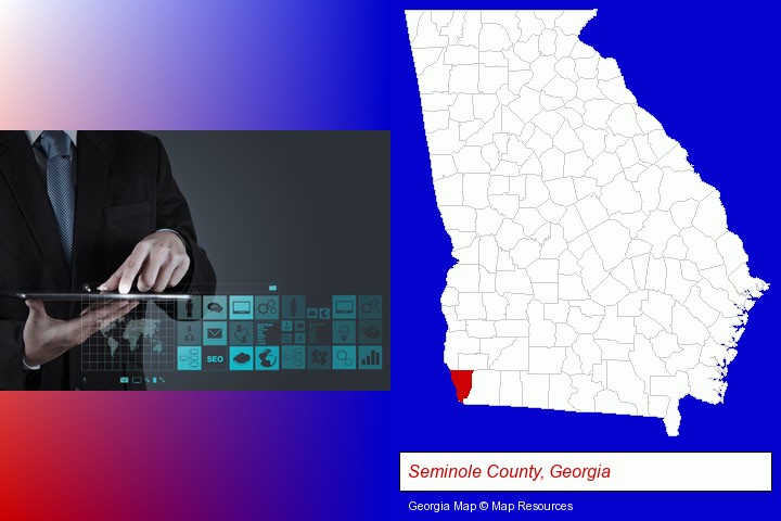 information technology concepts; Seminole County, Georgia highlighted in red on a map
