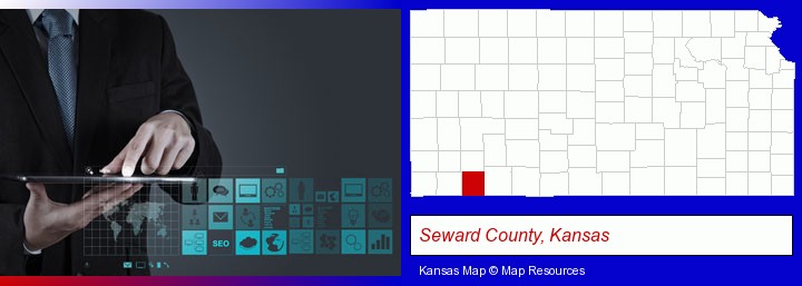 information technology concepts; Seward County, Kansas highlighted in red on a map