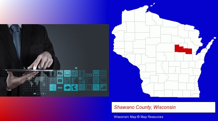 information technology concepts; Shawano County, Wisconsin highlighted in red on a map