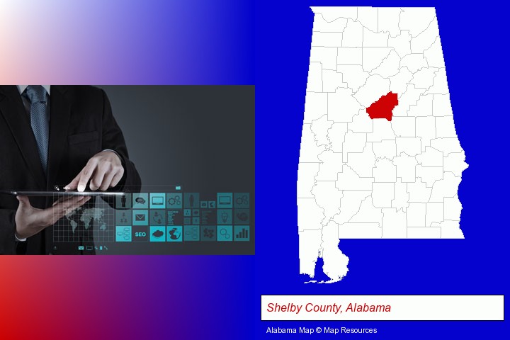 information technology concepts; Shelby County, Alabama highlighted in red on a map