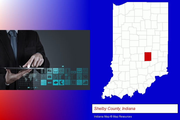 information technology concepts; Shelby County, Indiana highlighted in red on a map